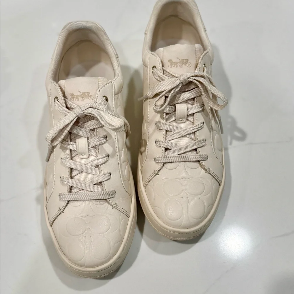 Coach Embossed Cream Leather Sneakers - Picture 2 of 4